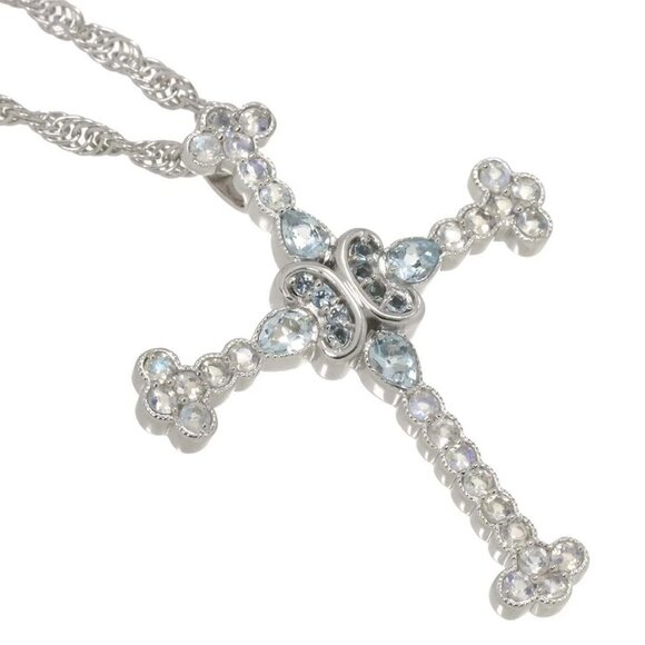 CELINE Aquamarine Quartz Ruby 0.02ct cross Necklace 18K White Gold - Picture 1 of 6